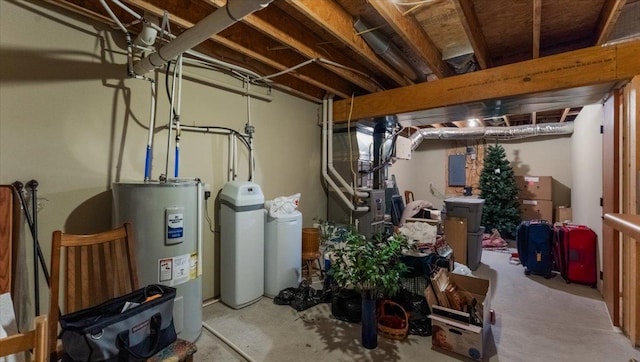 unfinished basement with heating unit and electric water heater