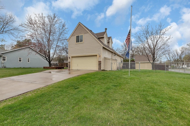 view of property exterior featuring an attached garage, a yard, fence, and driveway