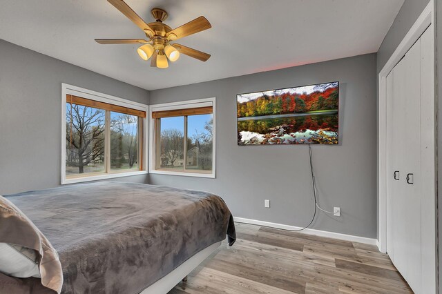 bedroom with baseboards, ceiling fan, wood finished floors, and a closet