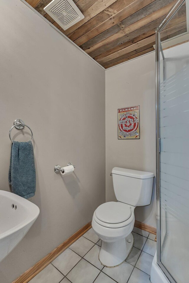 bathroom with visible vents, wood ceiling, tile patterned floors, and a shower stall