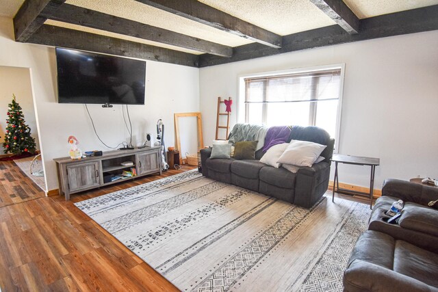 11287 135th Ave NE, Thief River Falls, MN 56701 - living area featuring a textured ceiling, wood finished floors, beamed ceiling, and baseboards
