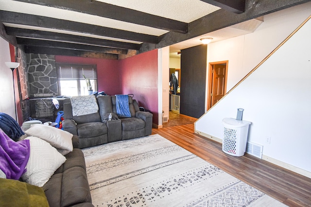 11287 135th Ave NE, Thief River Falls, MN 56701 - living room featuring visible vents, baseboards, beam ceiling, and wood finished floors
