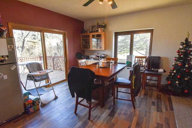11287 135th Ave NE, Thief River Falls, MN 56701 - dining area with a textured ceiling, wood finished floors, and ceiling fan
