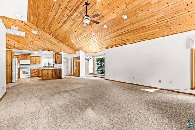 unfurnished living room with light carpet, high vaulted ceiling, wood ceiling, and ceiling fan with notable chandelier