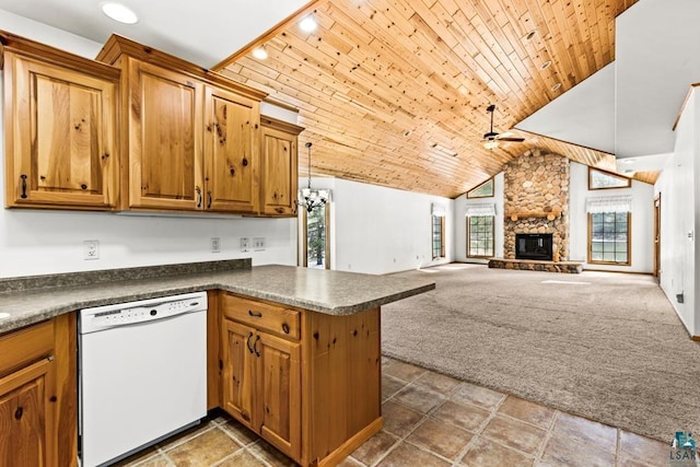 kitchen with wooden ceiling, dishwasher, dark countertops, and a ceiling fan