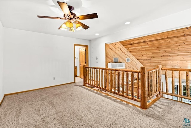 bonus room with baseboards, recessed lighting, carpet flooring, a ceiling fan, and lofted ceiling