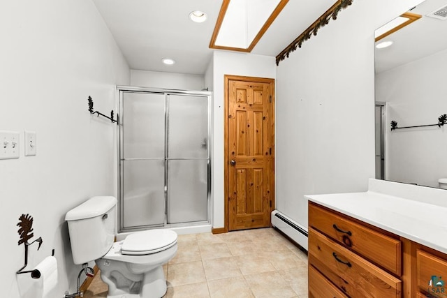 full bathroom with toilet, a baseboard radiator, vanity, tile patterned flooring, and a stall shower