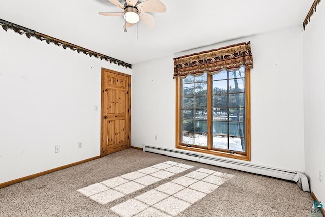 unfurnished room featuring carpet floors, ceiling fan, baseboards, and baseboard heating