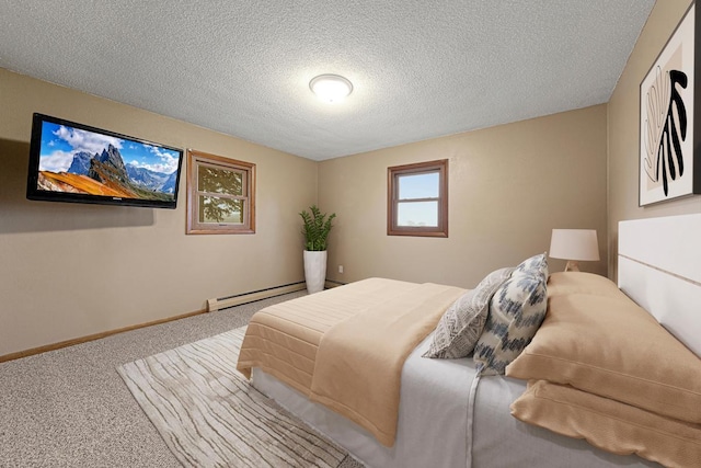 36530 251st Ave, Le Center, MN 56057 - bedroom with carpet, a baseboard heating unit, a textured ceiling, and baseboards