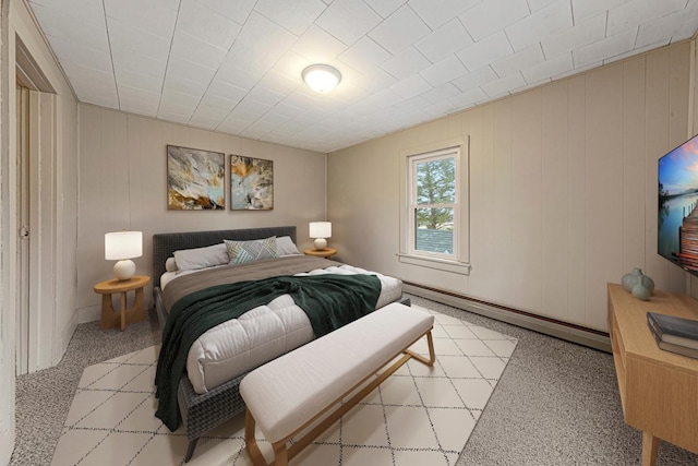 36530 251st Ave, Le Center, MN 56057 - bedroom with a baseboard radiator, light carpet, and wood walls