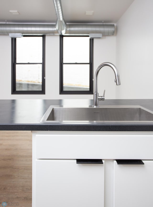 details featuring a sink, dark countertops, and wood finished floors