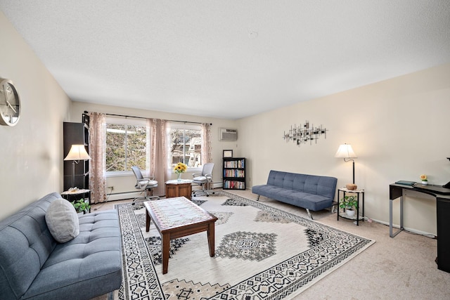 living room with light carpet, a wall mounted AC, and a baseboard heating unit