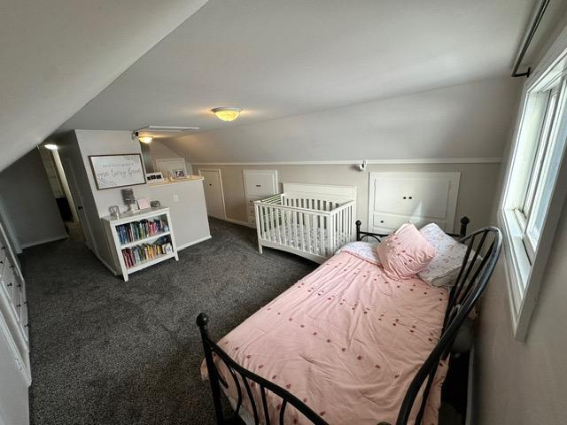 12787 Lumberjack Rd NW, Shevlin, MN 56676 - bedroom featuring lofted ceiling and dark carpet