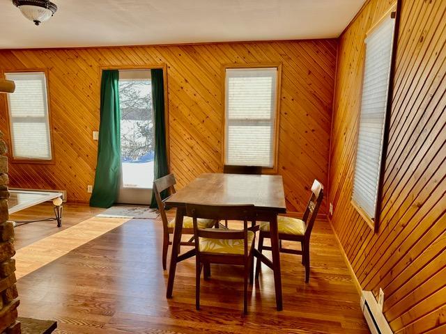 12787 Lumberjack Rd NW, Shevlin, MN 56676 - dining area with baseboard heating, wood finished floors, and wooden walls