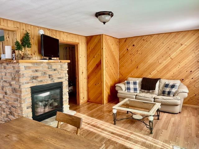 12787 Lumberjack Rd NW, Shevlin, MN 56676 - living area featuring wooden walls, a stone fireplace, and wood finished floors