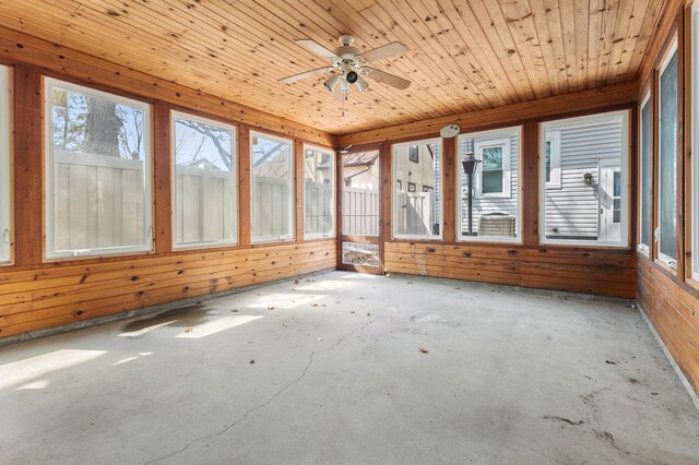 3301 Yosemite Ave S, Saint Louis Park, MN 55416 - unfurnished sunroom with unfinished concrete floors, a ceiling fan, wood walls, and wooden ceiling