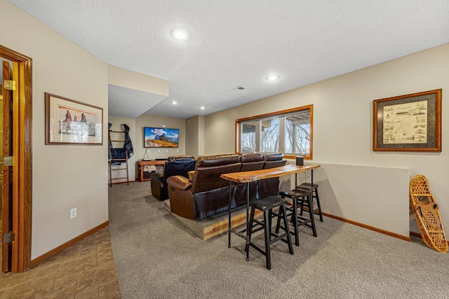 567 Forest Ln, Medford, MN 55049 - living room with recessed lighting, baseboards, a textured ceiling, and carpet