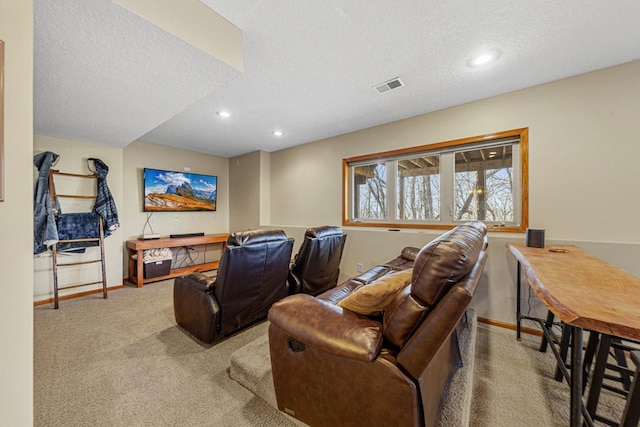 567 Forest Ln, Medford, MN 55049 - carpeted home theater room featuring baseboards, a textured ceiling, visible vents, and recessed lighting