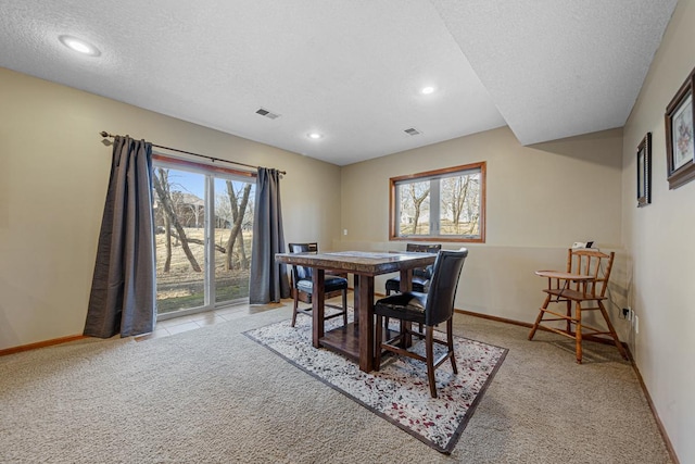 567 Forest Ln, Medford, MN 55049 - dining area featuring light carpet, a textured ceiling, visible vents, and baseboards