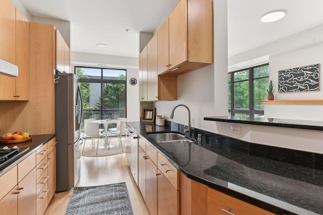 3707 Grand Way Unit 101, Saint Louis Park, MN 55416 - kitchen featuring freestanding refrigerator, a sink, plenty of natural light, and dark stone counters