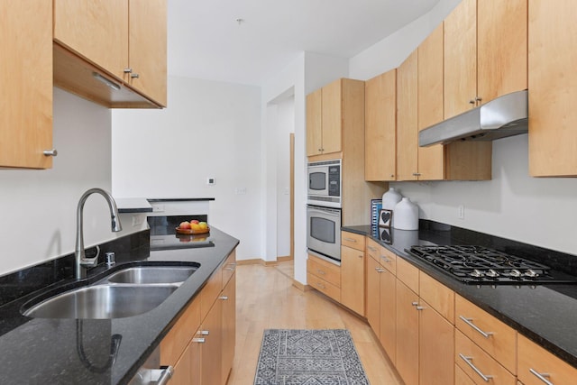 3707 Grand Way Unit 101, Saint Louis Park, MN 55416 - kitchen with a sink, under cabinet range hood, appliances with stainless steel finishes, and dark stone counters