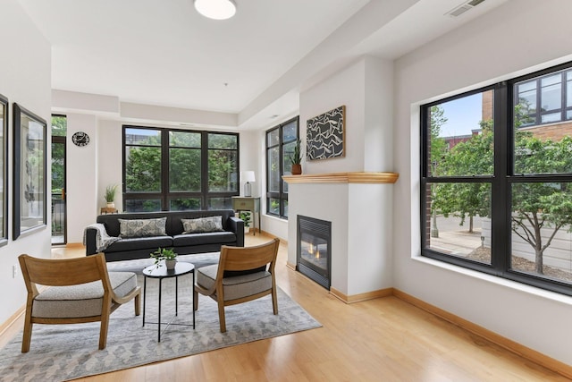 3707 Grand Way Unit 101, Saint Louis Park, MN 55416 - living area featuring light wood finished floors, a glass covered fireplace, and baseboards