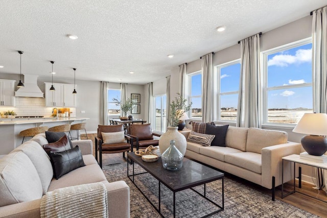 living room featuring recessed lighting, baseboards, dark wood-style floors, and a textured ceiling
