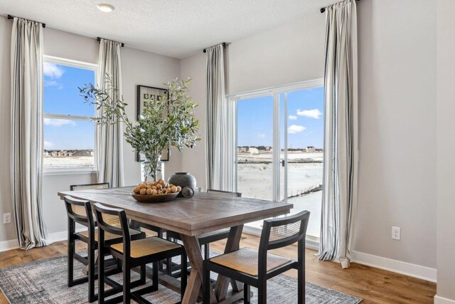 dining room featuring baseboards, light wood-type flooring, and a textured ceiling
