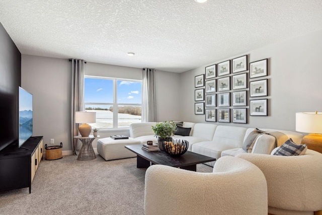 living room with carpet floors, a water view, and a textured ceiling