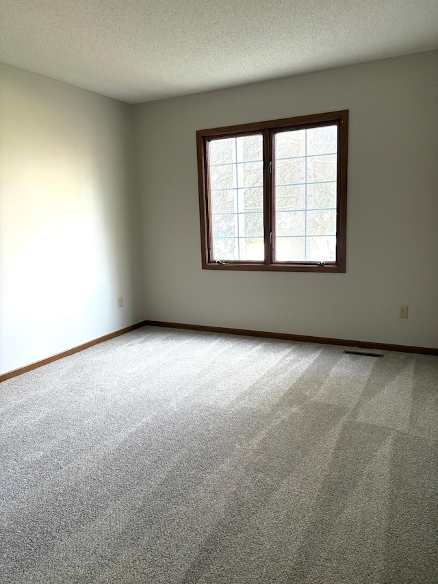 carpeted empty room with visible vents, baseboards, and a textured ceiling
