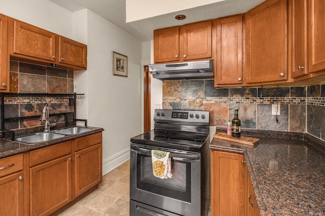 kitchen with decorative backsplash, brown cabinets, a sink, electric stove, and under cabinet range hood