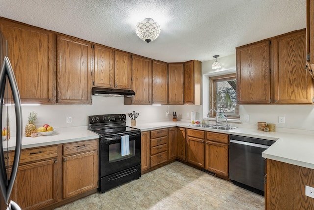 7165 Upper 157th St W, Apple Valley, MN 55124 - kitchen featuring black electric range, stainless steel dishwasher, a sink, under cabinet range hood, and brown cabinetry