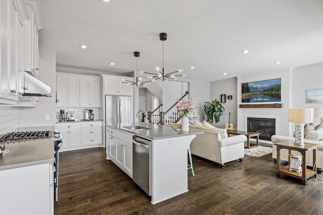 2301 Kester Ave NE, Saint Michael, MN 55376 - kitchen with dark wood-style flooring, open floor plan, under cabinet range hood, a sink, and stainless steel appliances