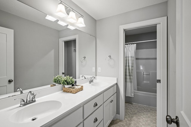 2301 Kester Ave NE, Saint Michael, MN 55376 - bathroom featuring double vanity, tile patterned floors, shower / bath combination with curtain, and a sink