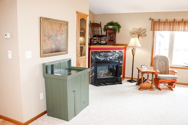 46377 Sunset Ct, Morris, MN 56267 - living area featuring a high end fireplace, baseboards, and carpet floors