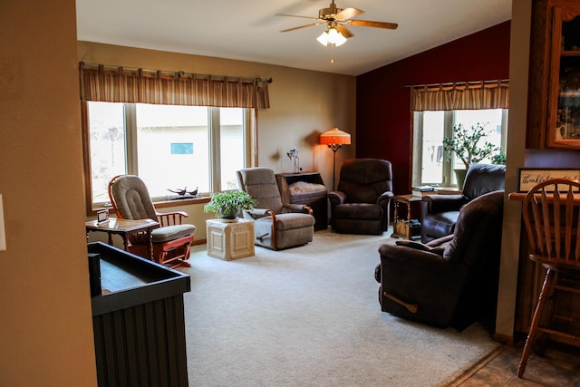 46377 Sunset Ct, Morris, MN 56267 - carpeted living room with ceiling fan and vaulted ceiling
