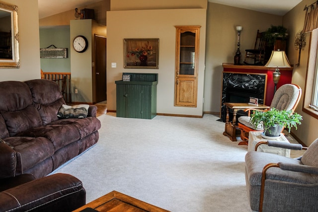46377 Sunset Ct, Morris, MN 56267 - carpeted living area with baseboards and vaulted ceiling