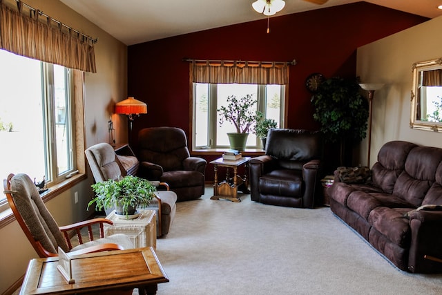 46377 Sunset Ct, Morris, MN 56267 - carpeted living area featuring a ceiling fan, vaulted ceiling, and a wealth of natural light