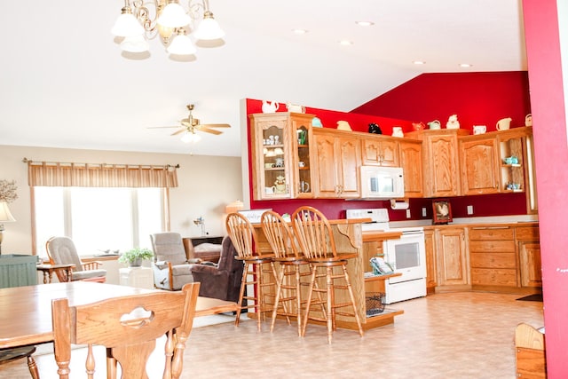 46377 Sunset Ct, Morris, MN 56267 - kitchen with ceiling fan with notable chandelier, white appliances, glass insert cabinets, a kitchen bar, and lofted ceiling