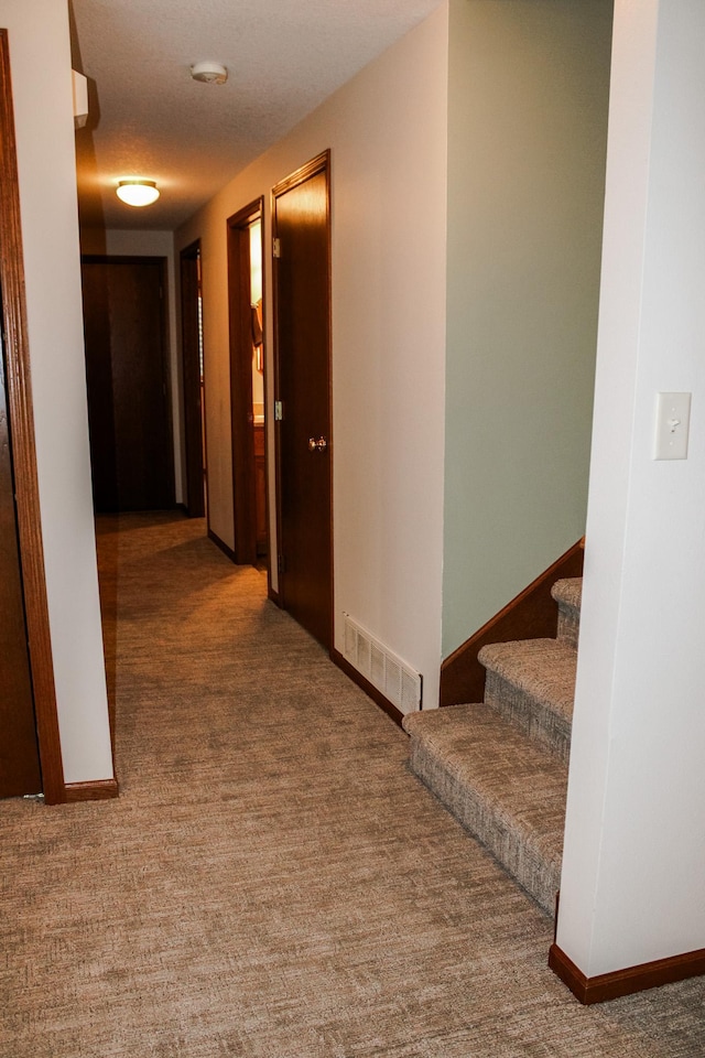 46377 Sunset Ct, Morris, MN 56267 - hall with baseboards, carpet, visible vents, and stairway