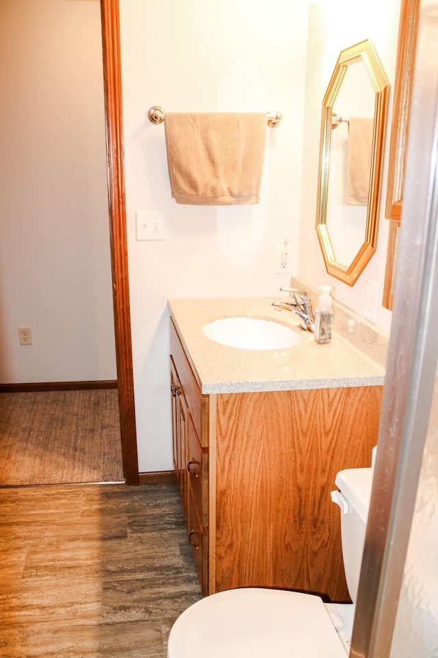 46377 Sunset Ct, Morris, MN 56267 - half bathroom featuring toilet, vanity, and wood finished floors