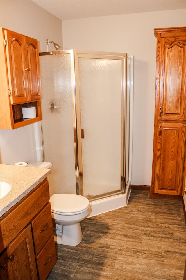 46377 Sunset Ct, Morris, MN 56267 - bathroom featuring toilet, a stall shower, wood finished floors, and vanity