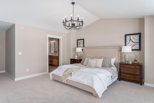 2315 Simply Living Ln Unit C, Hudson, WI 54016 - bedroom with a chandelier, light carpet, vaulted ceiling, and connected bathroom