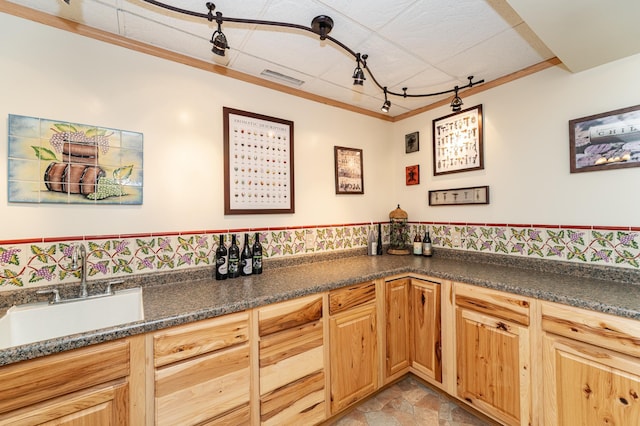 3065 Grand View Ln SW, Byron, MN 55920 - kitchen with ornamental molding, dark countertops, rail lighting, a sink, and stone finish flooring