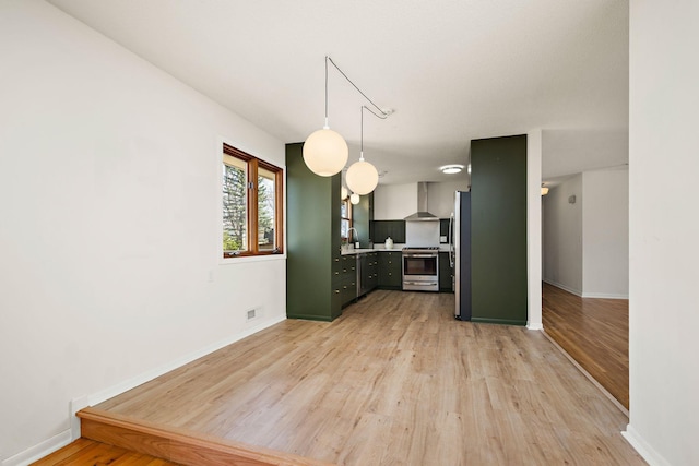kitchen featuring stainless steel range with electric stovetop, light countertops, wall chimney exhaust hood, a sink, and light wood-style flooring