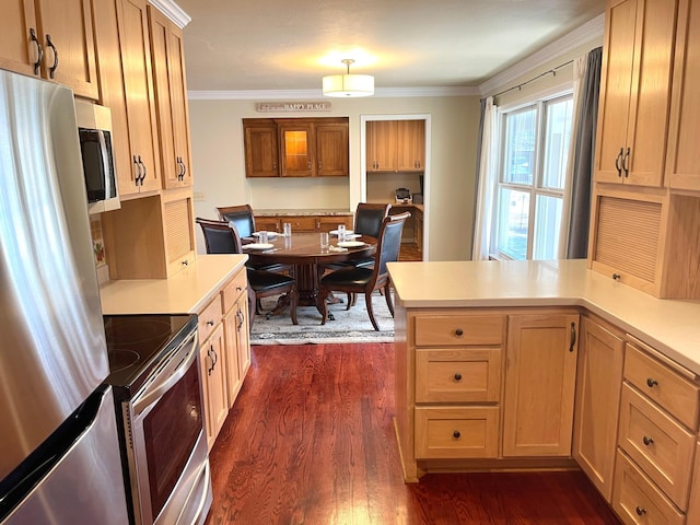 kitchen featuring crown molding, light countertops, appliances with stainless steel finishes, and dark wood-style floors