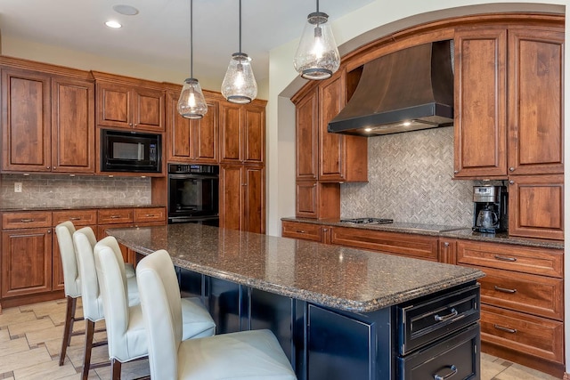 190 Stony Creek Rd, Mankato, MN 56001 - kitchen with premium range hood, black appliances, a center island, brown cabinets, and backsplash