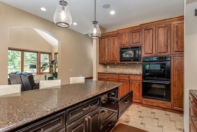 190 Stony Creek Rd, Mankato, MN 56001 - kitchen with black appliances, light stone finish floors, backsplash, pendant lighting, and arched walkways