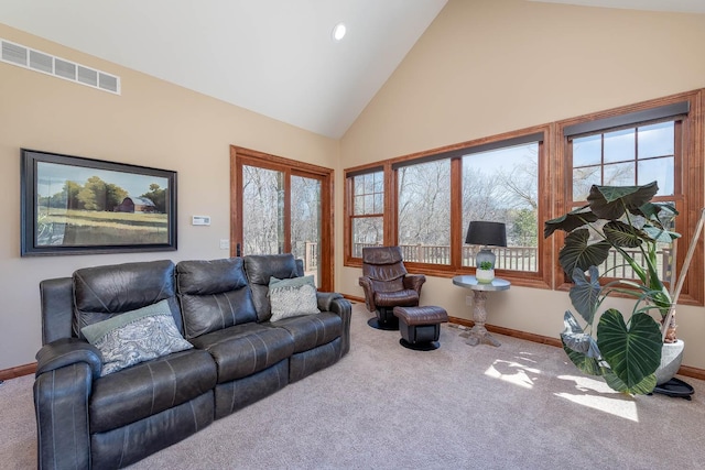 190 Stony Creek Rd, Mankato, MN 56001 - living area featuring carpet, high vaulted ceiling, baseboards, and recessed lighting