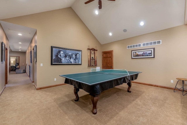 190 Stony Creek Rd, Mankato, MN 56001 - recreation room with light colored carpet, ceiling fan, baseboards, high vaulted ceiling, and recessed lighting